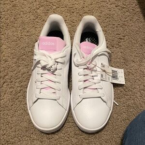 Adidas White Sneakers with Pink Highlights